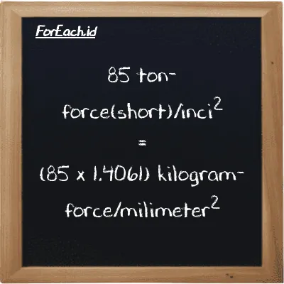 Cara konversi ton-force(short)/inci<sup>2</sup> ke kilogram-force/milimeter<sup>2</sup> (tf/in<sup>2</sup> ke kgf/mm<sup>2</sup>): 85 ton-force(short)/inci<sup>2</sup> (tf/in<sup>2</sup>) setara dengan 85 dikalikan dengan 1.4061 kilogram-force/milimeter<sup>2</sup> (kgf/mm<sup>2</sup>)
